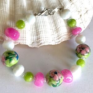 Spring Floral Mexican Pottery Jade & Agate Beaded Bracelet